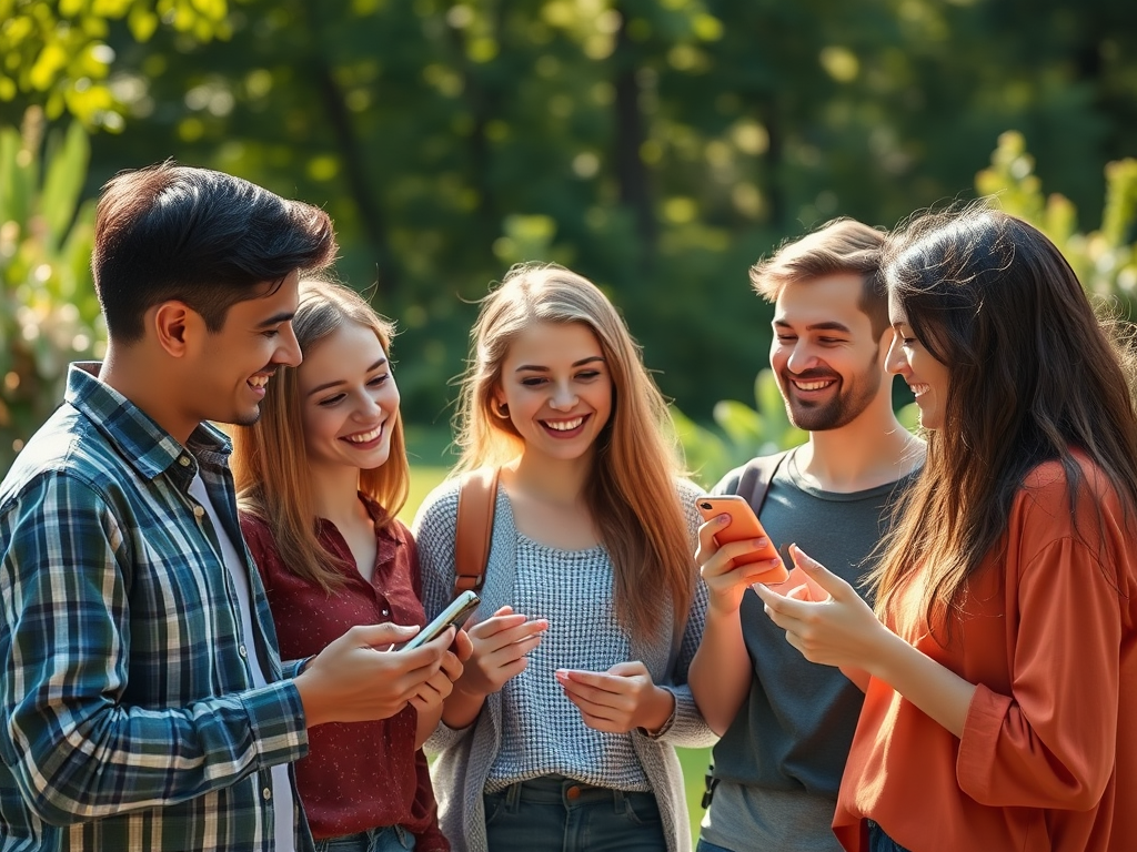 A group of five young adults is smiling and looking at their smartphones in a sunny outdoor setting.