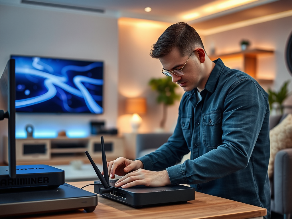 A focused young man sets up a router on a table, with a TV displaying abstract visuals in the background.