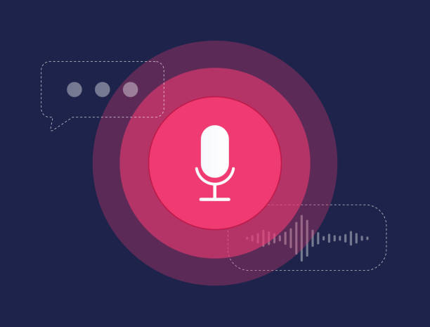 Image showing a microphone icon surrounded by speech and sound wave symbols, illustrating voice recognition technology.