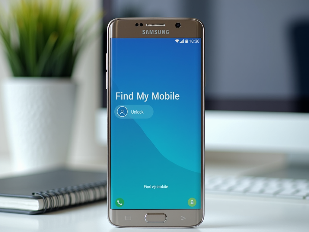 Samsung smartphone displaying "Find My Mobile" screen on desk with notebook and plant in background.