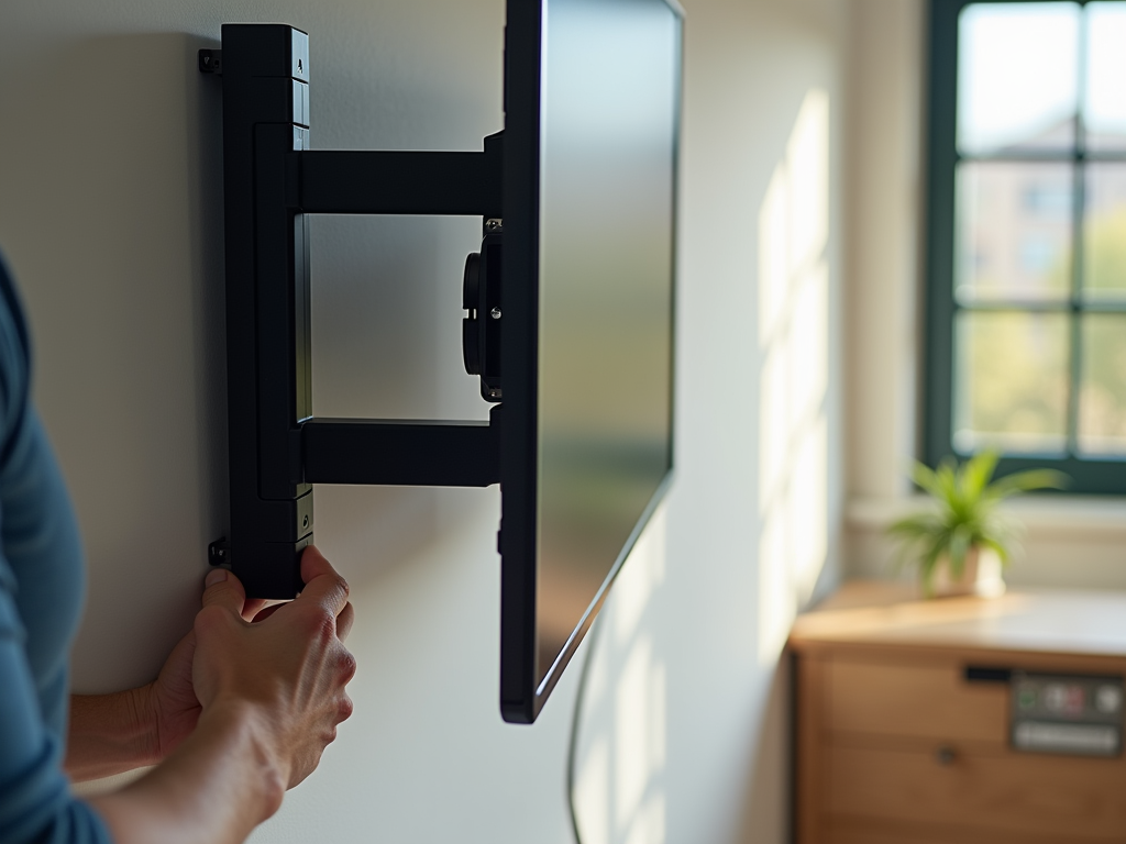 Person adjusting a flat screen TV mounted on a wall bracket in a bright room.