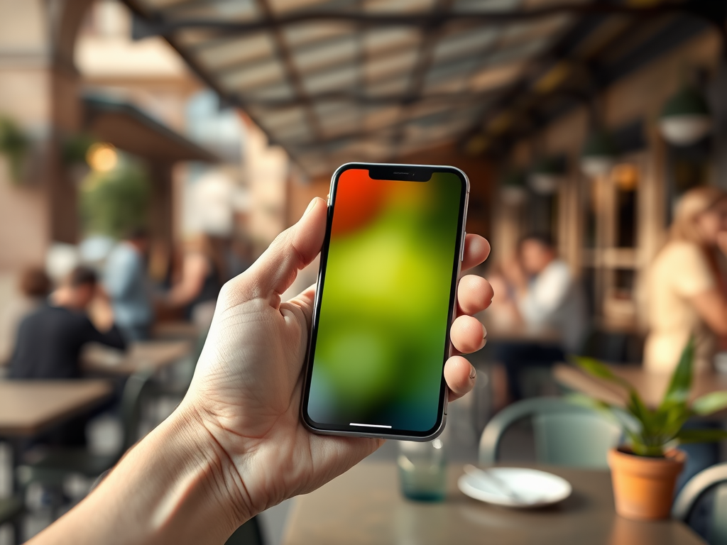 A hand holds a smartphone with a blurred screen, overlooking a lively café scene with people dining.