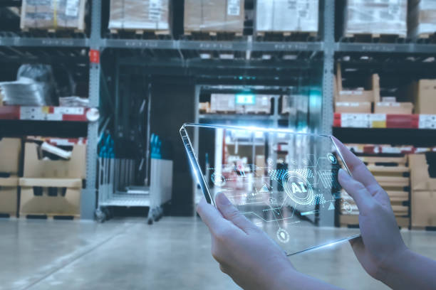 Person using a tablet with an AI interface in a modern warehouse, illustrating smart retail technology.