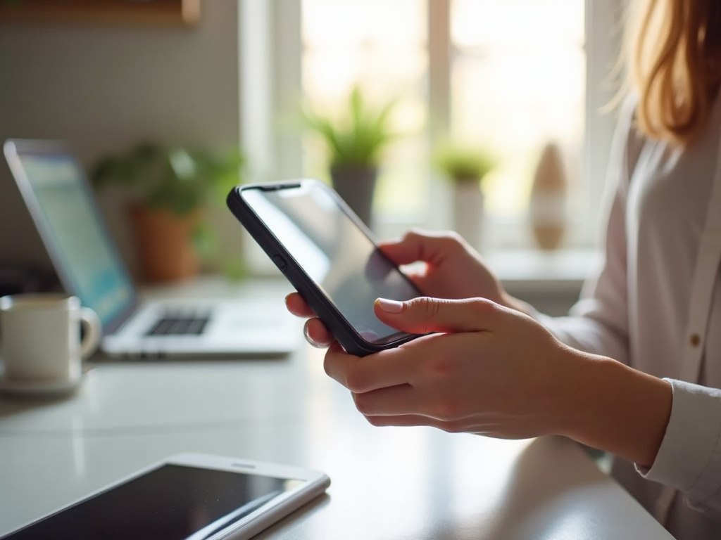 Woman using smartphone at desk with laptop, coffee, and tablet nearby in bright room.