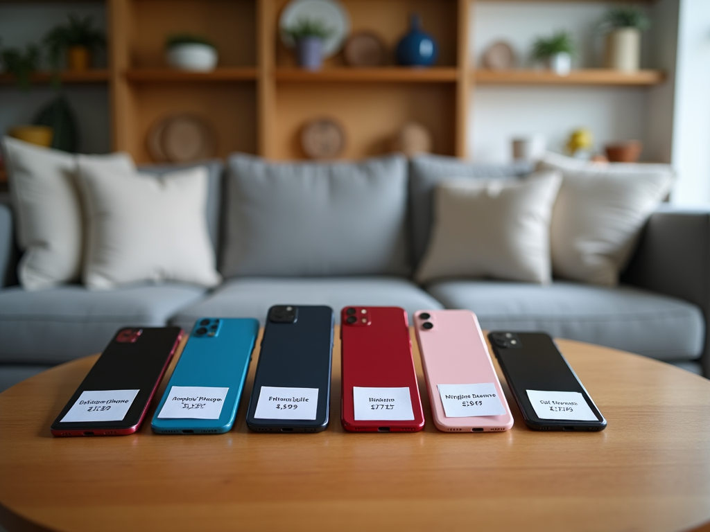 Six smartphones with different colors and fictional model names with price tags on a wooden table.