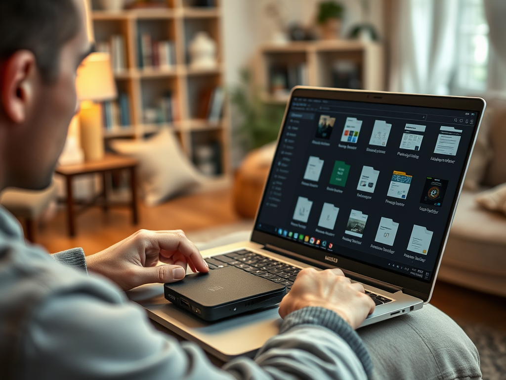 A person using a laptop at home, focused on the screen displaying various documents and files.