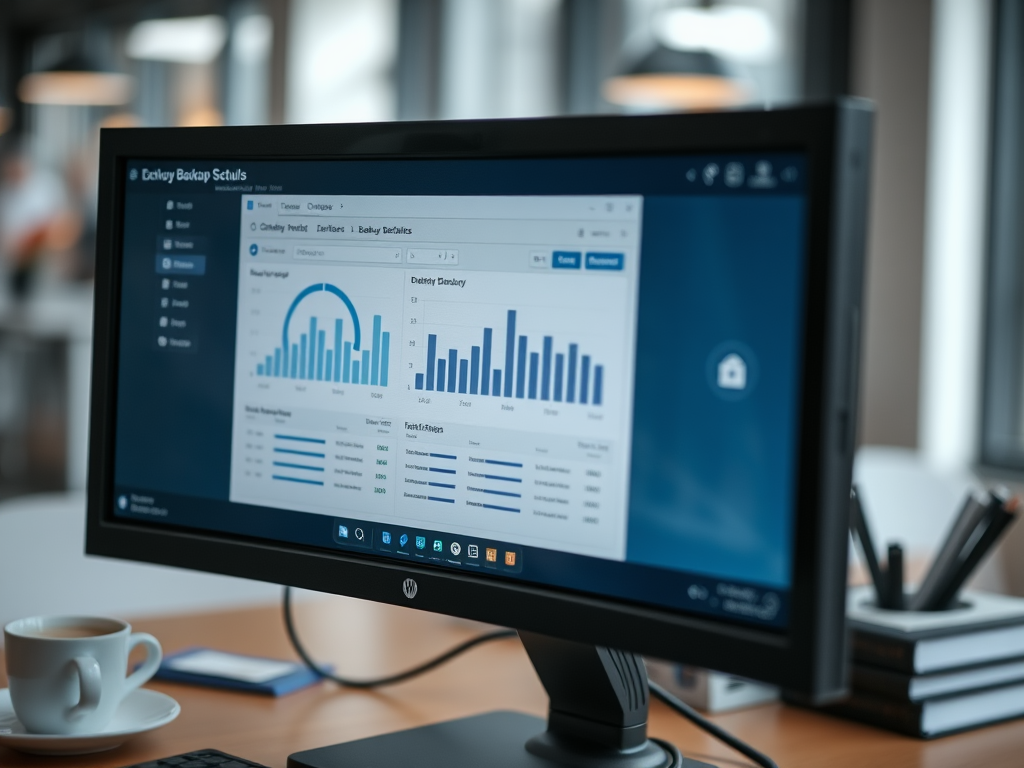 A computer monitor displaying a backup management dashboard with graphs and statistics, beside a cup of coffee.