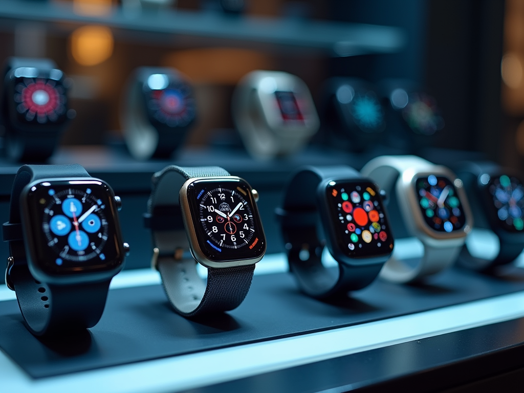 Collection of smartwatches with various digital faces displayed on a store shelf, illuminated subtly.