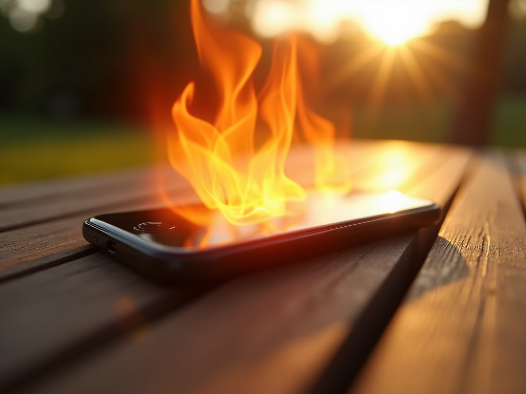 Smartphone lying on a wooden table with flames erupting from it against a sunset background.