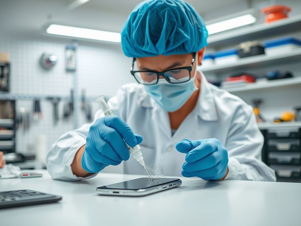 A technician in gloves and a mask uses a syringe to repair a smartphone on a workbench.