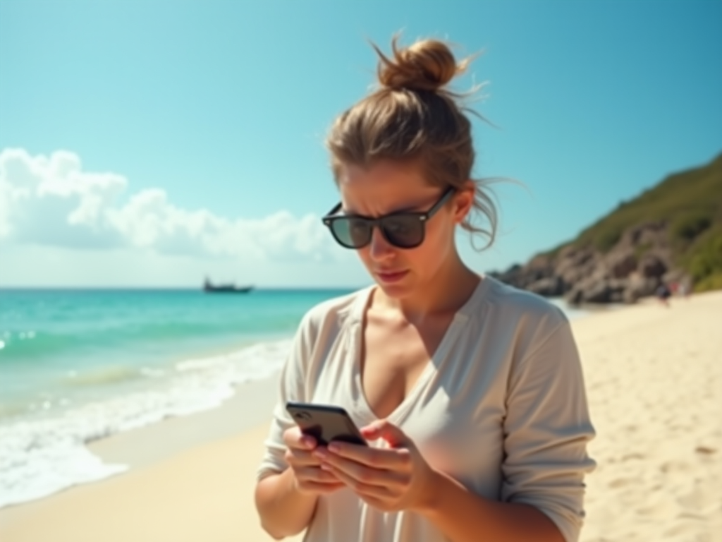 Young woman using smartphone on sunny beach with ocean and ship in background.