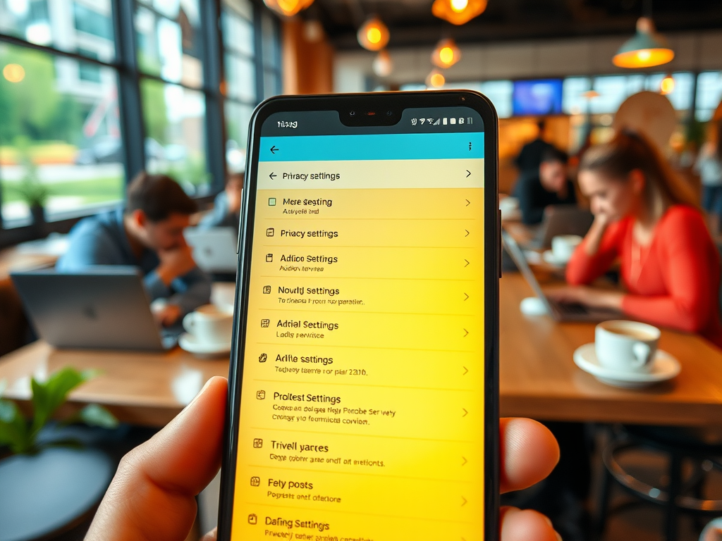 A hand holding a smartphone displaying various settings, with a café background and people working on laptops.