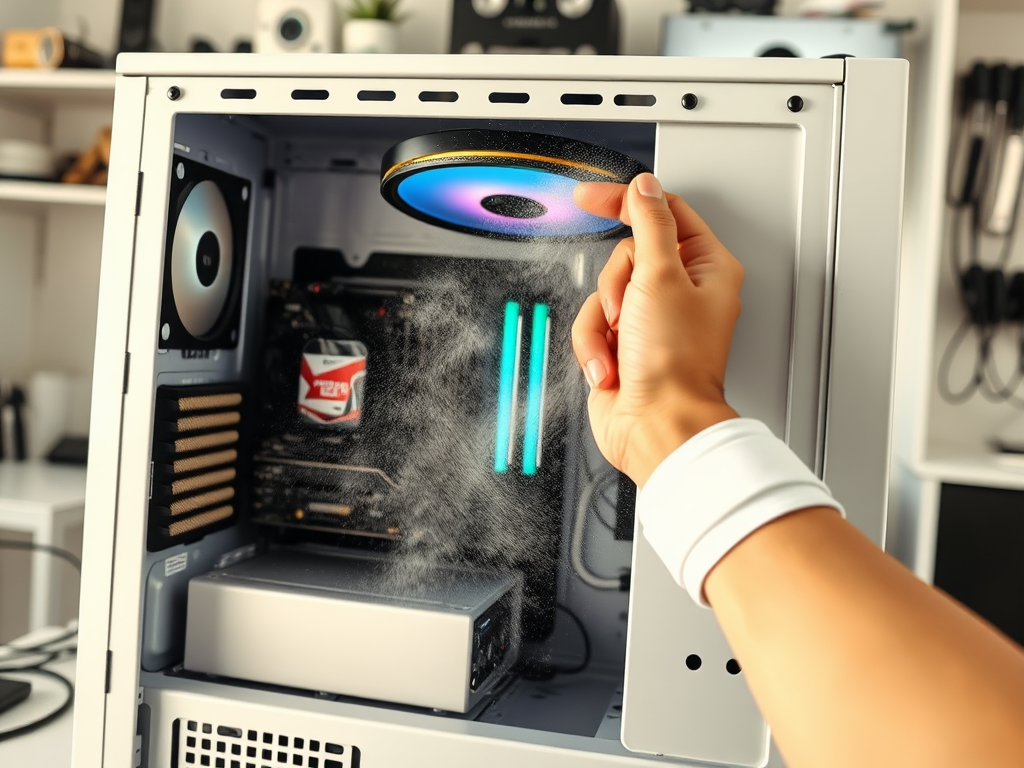 A hand removes a circular fan cover from a computer case, revealing dust and colorful LED lights inside.