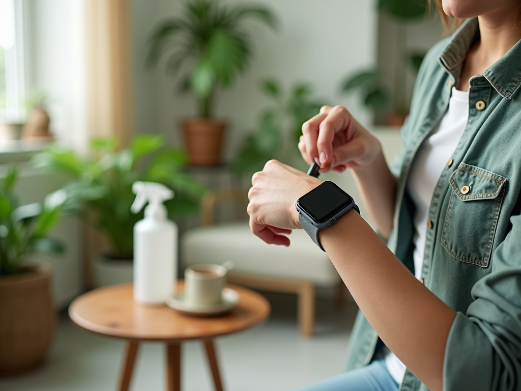 Woman adjusting smartwatch in a living room filled with plants.