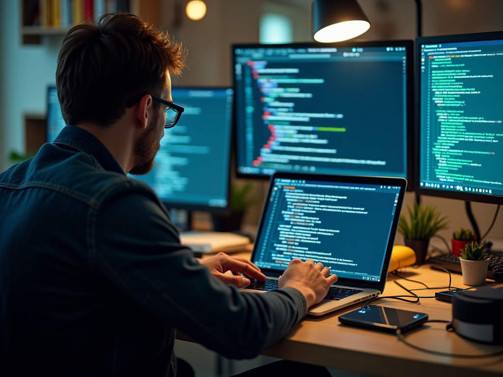 Man coding on multiple computer screens in a well-lit room at night.