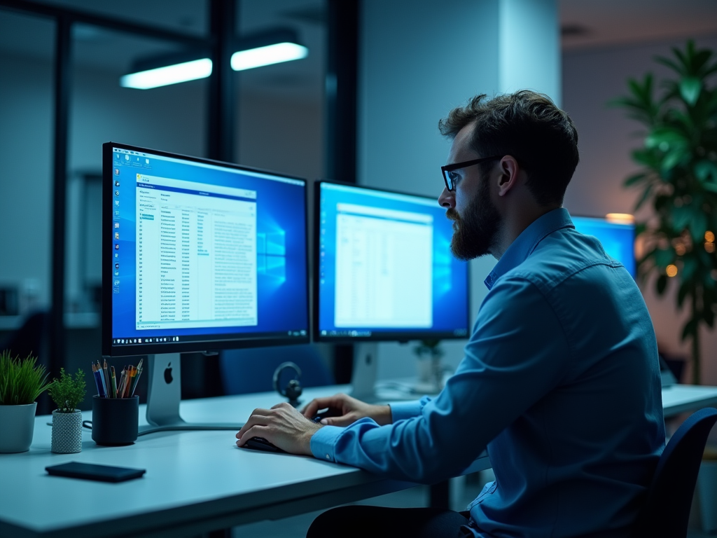 Man with beard working on dual monitors in a dark office.