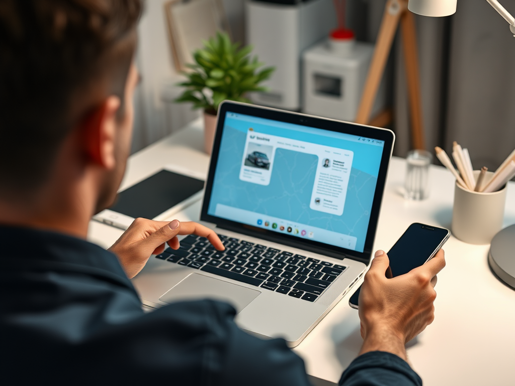 A person uses a laptop and phone at a desk with a plant and stationery, focused on a digital interface.