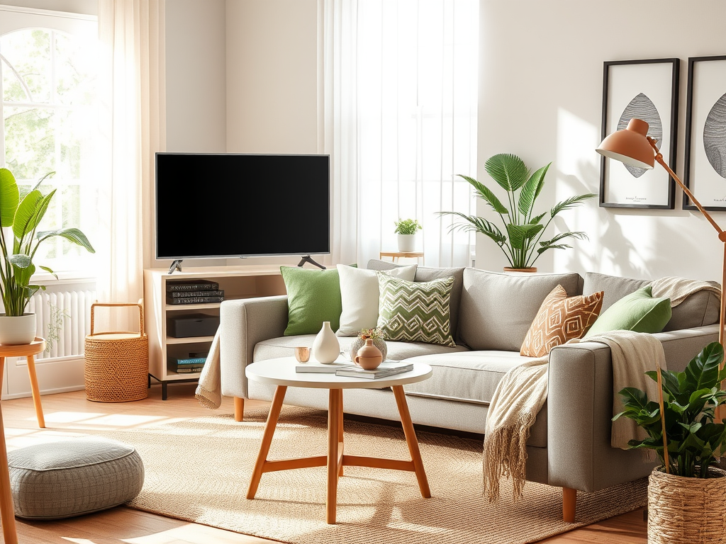 A bright, cozy living room featuring a gray sofa, coffee table, plants, and a TV, with green and earthy accents.