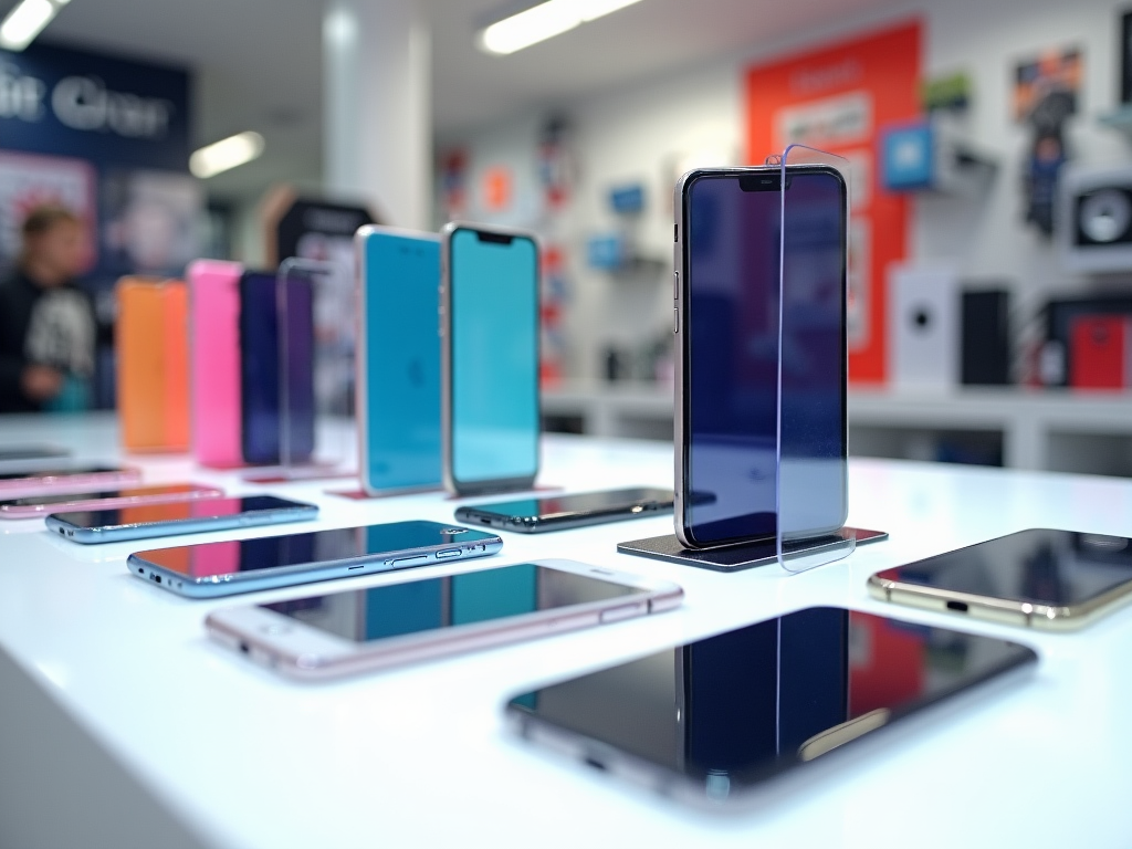 Smartphones in various colors displayed on a table in a tech store, with a background of store signage.