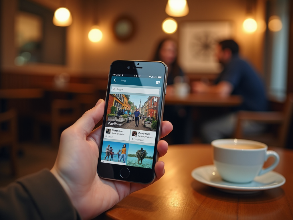 Hand holding smartphone displaying travel photos with a coffee cup in foreground and blurred people in background.