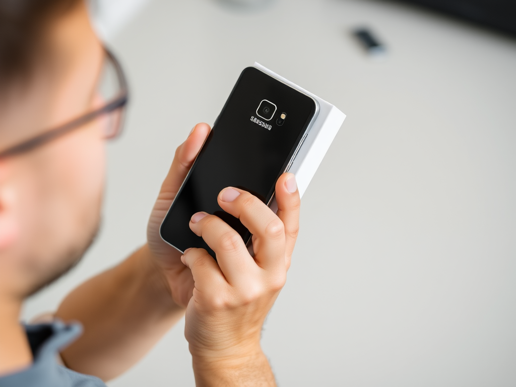 A person holding a smartphone in front of them, displaying a black back with a camera, against a blurred background.