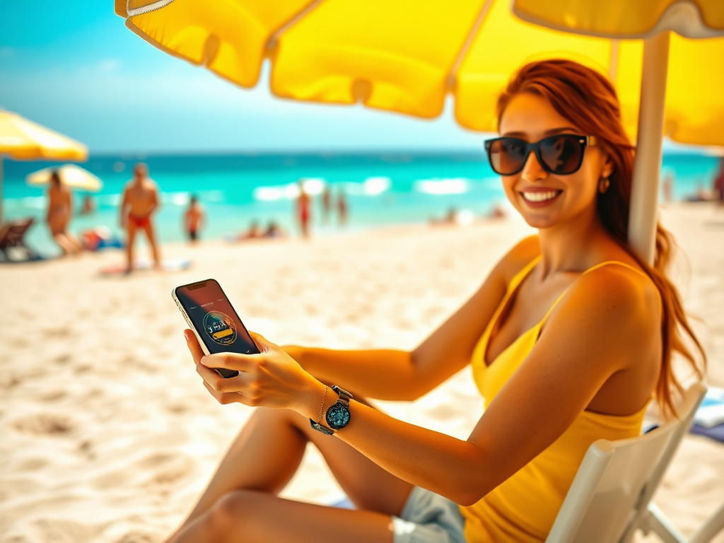 A woman in sunglasses enjoys the beach, smiling while holding a smartphone under a yellow umbrella.