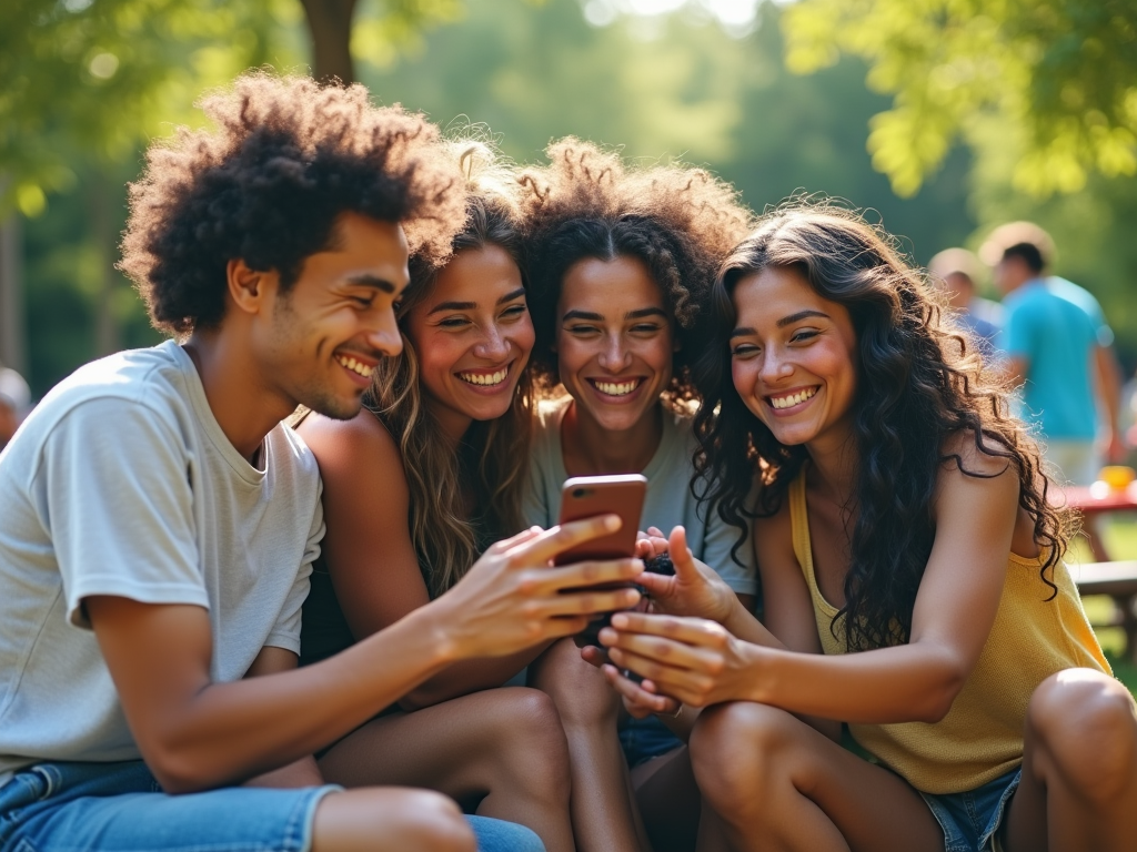 Four friends sharing a joyful moment looking at a smartphone in a sunny park.