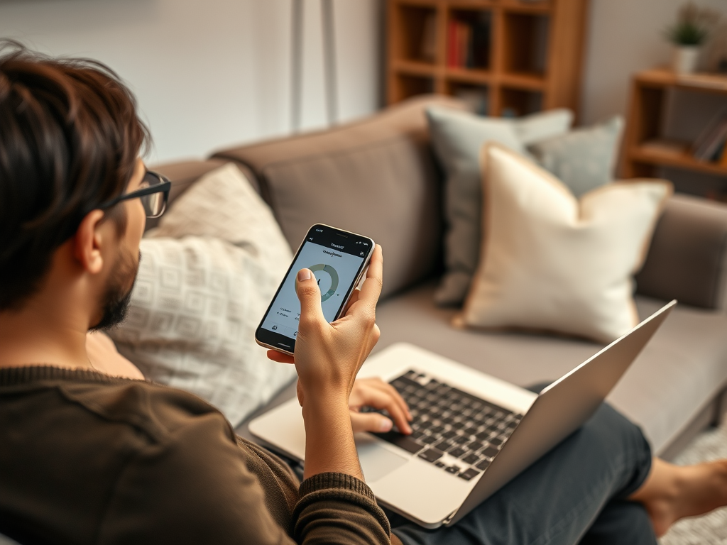 A person sitting on a couch uses a smartphone while a laptop rests on their lap, surrounded by pillows.