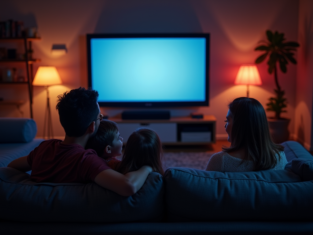 Family of four watching TV together in a dimly lit living room.