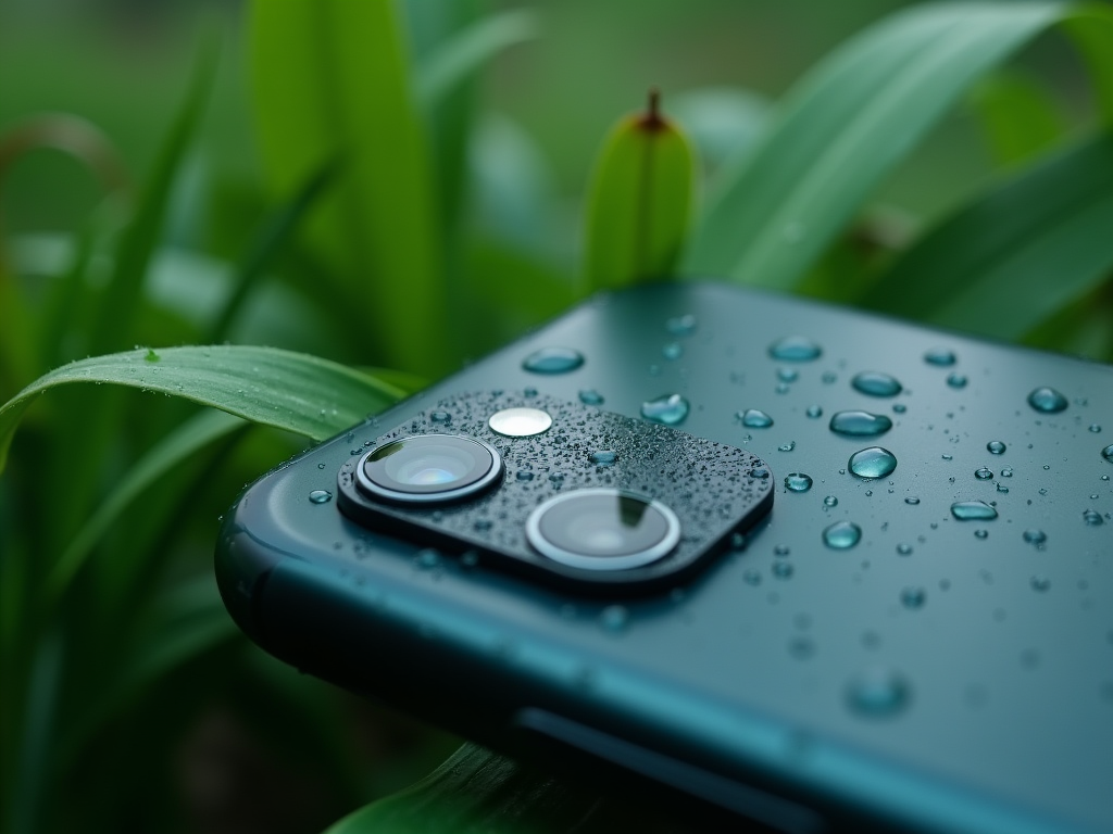 Close-up of a smartphone camera with water droplets on it, placed on wet green leaves.