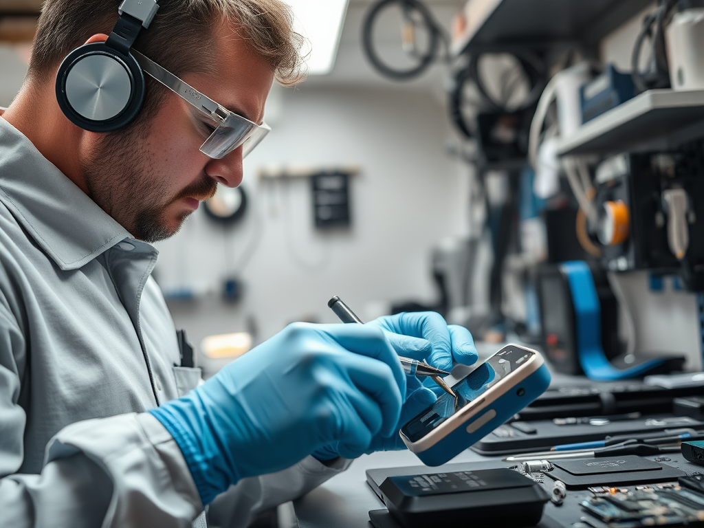 A technician in gloves and headphones repairs a device, surrounded by tools and equipment in a workshop.