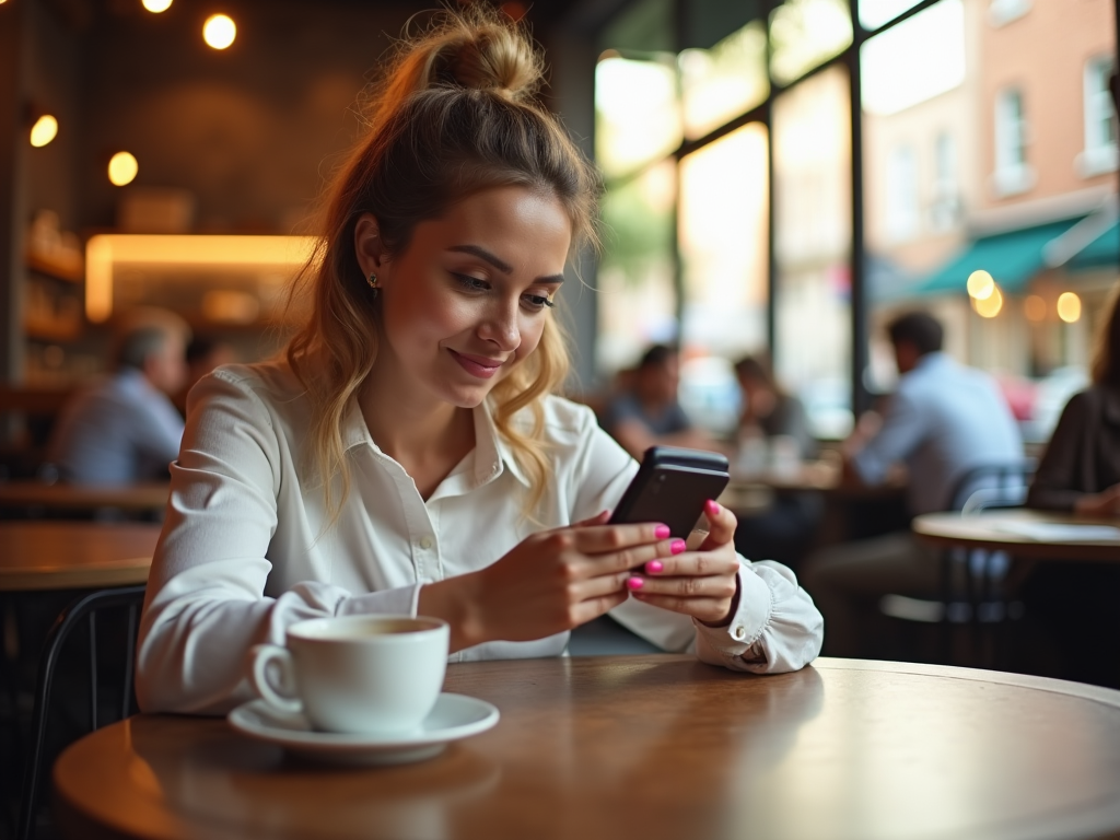 Woman smiling at her phone in a bustling café with a coffee cup on the table.