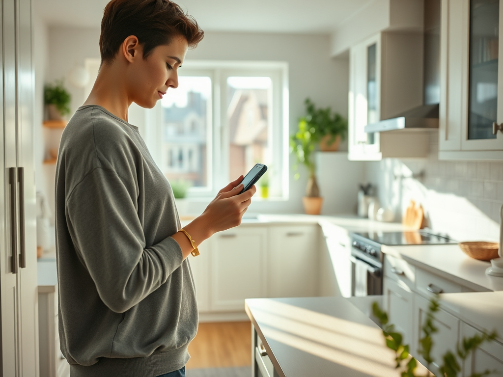 A woman stands in a modern kitchen, looking at her smartphone with a focused expression. Sunlight streams in.