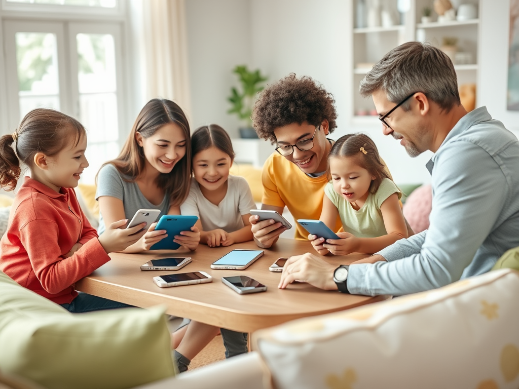 A family gathers around a table, smiling and using their smartphones in a bright, cozy living room.