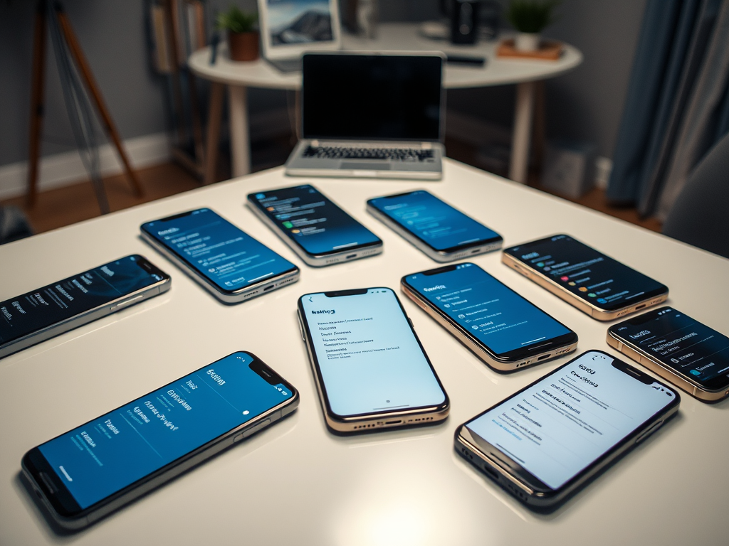 A collection of smartphones displaying settings and app interfaces on a table, with a laptop in the background.