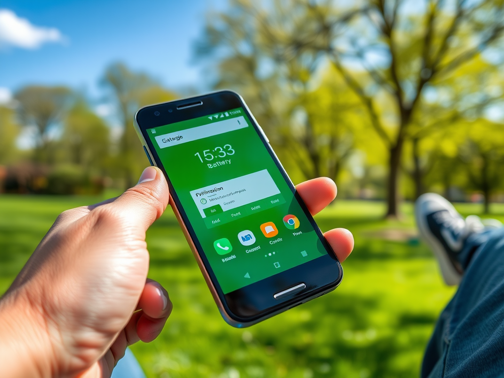 A person holds a smartphone displaying a green interface in a sunny park with trees and grass in the background.