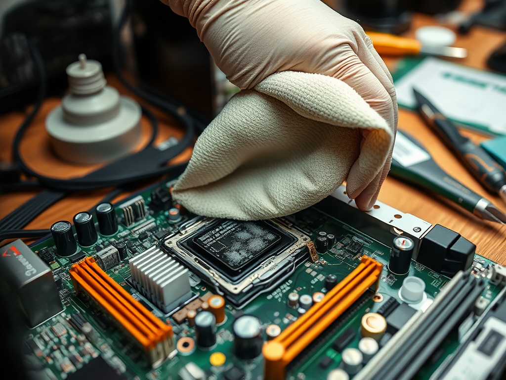 A gloved hand uses a cloth to clean a computer motherboard, surrounded by various tools and components.