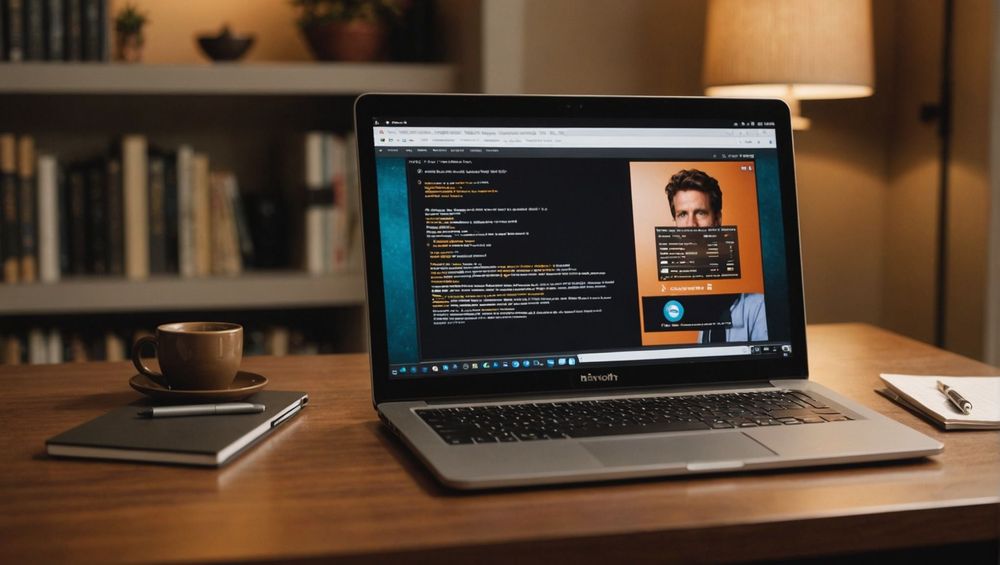 Ноутбук на столе с открытым программным кодом и вебинаром, рядом чашка кофе и блокнот.
